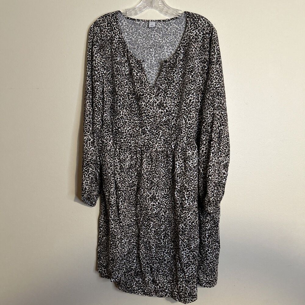 Old Navy Dress Large Long Sleeve Defined Waist Gathered Sleeve Black Brown Print